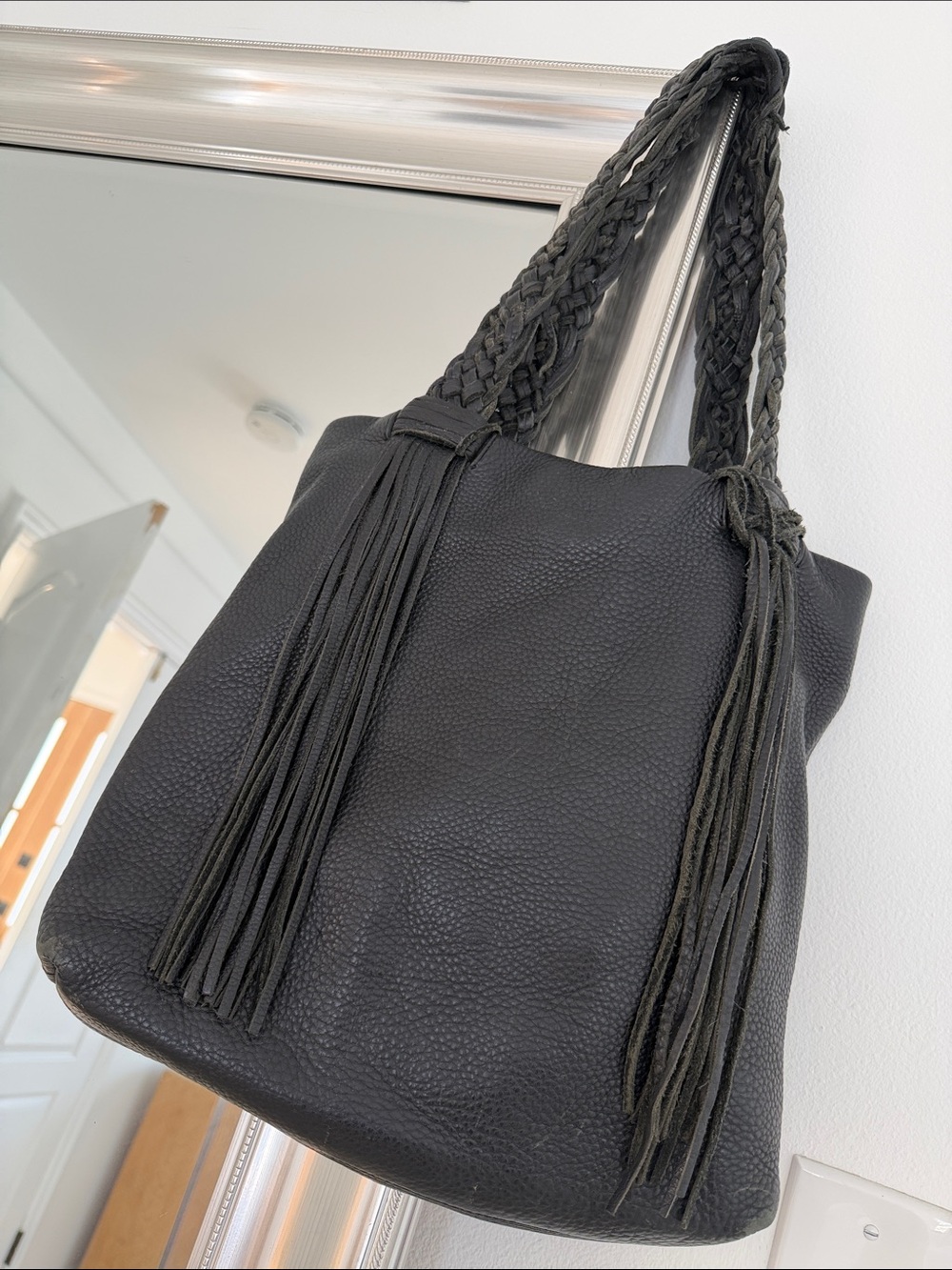Nordstrom Black Braided-Handle Leather Shoulder Bag with Tassels